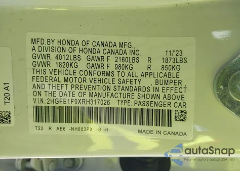 2024 Honda Civic Touring из США, поврежденный, VIN 2HGFE1F9XRH317026